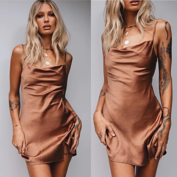 Princess Polly Alfie Copper Brown Satin Backless Square Neck Mini Dress - Picture 3 of 12